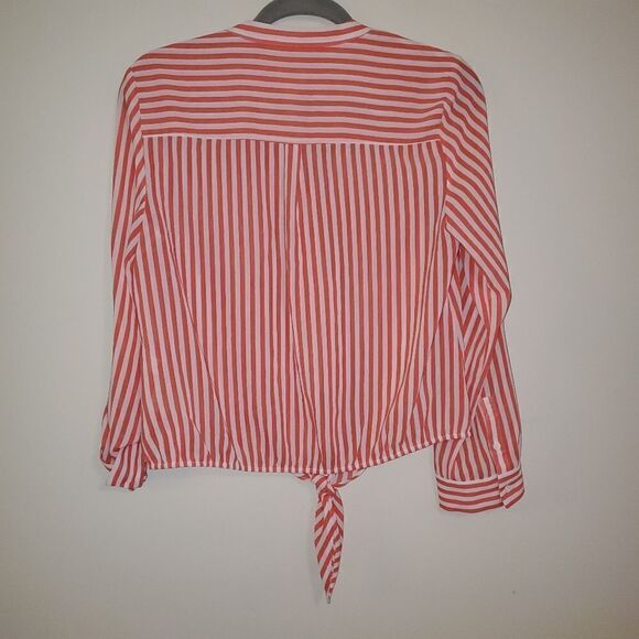 CHICOS CORAL & WHITE VERTICAL STRIP SHEER TIE FRONT BUTTON DOWN TOP SIZE 0 - Picture 4 of 4